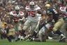 28 Sep 1996: Offensive lineman Orlando Pace of the Ohio State Buckeyes (center) looks to block a Notre Dame Fighting Irish player during a game at Notre Dame Stadium in South Bend, Indiana. Ohio State won the game, 29-16. Mandatory Credit: Jonathan Dani